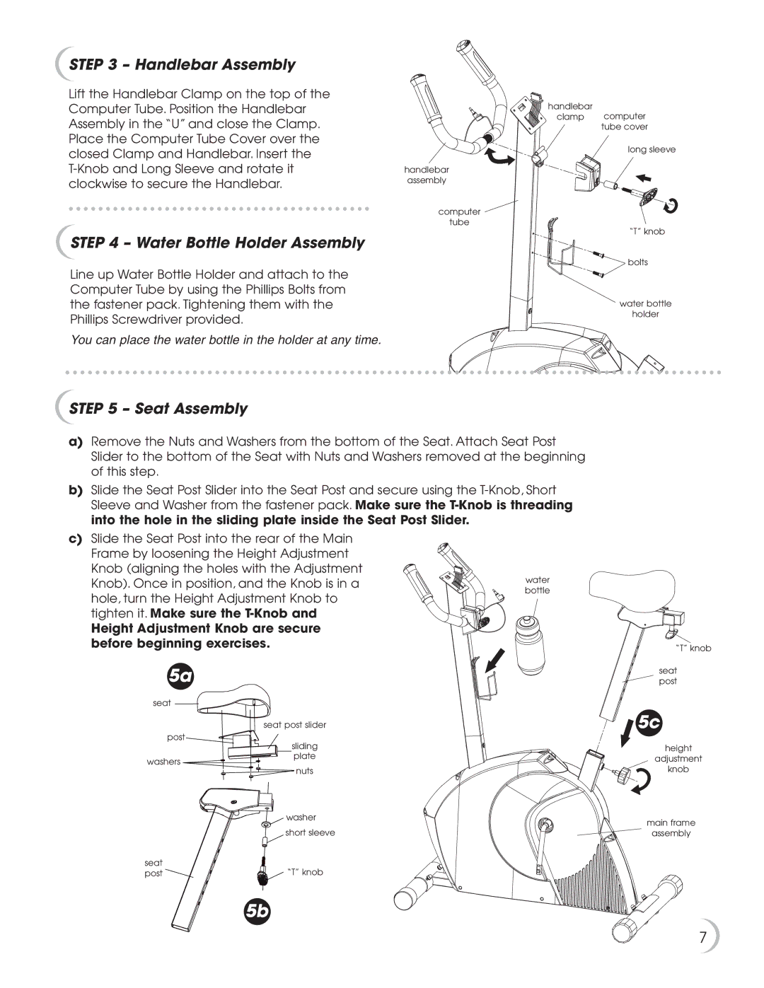 New Balance 5K 5100 owner manual Handlebar Assembly, Water Bottle Holder Assembly, Seat Assembly 