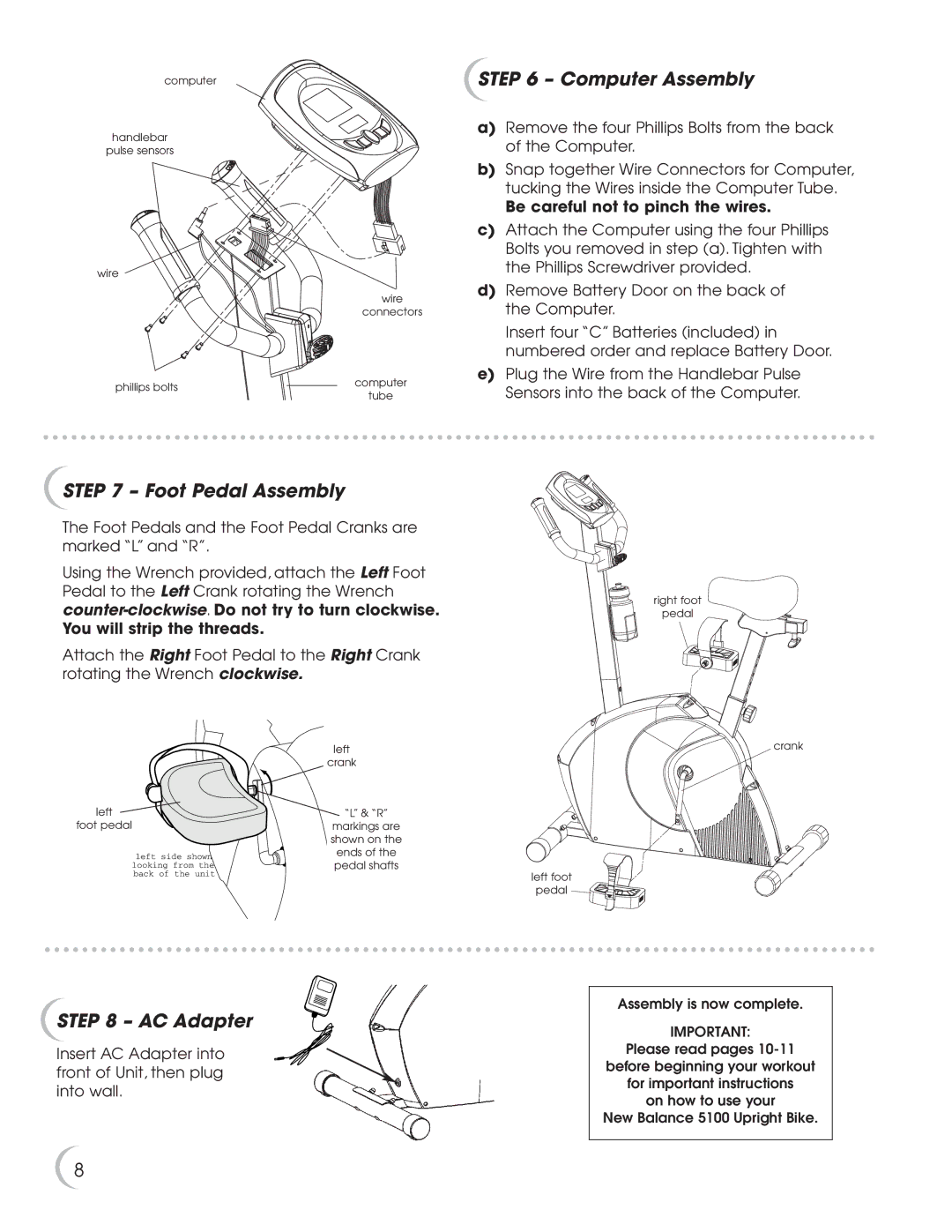 New Balance 5K 5100 owner manual Computer Assembly, Foot Pedal Assembly, AC Adapter 