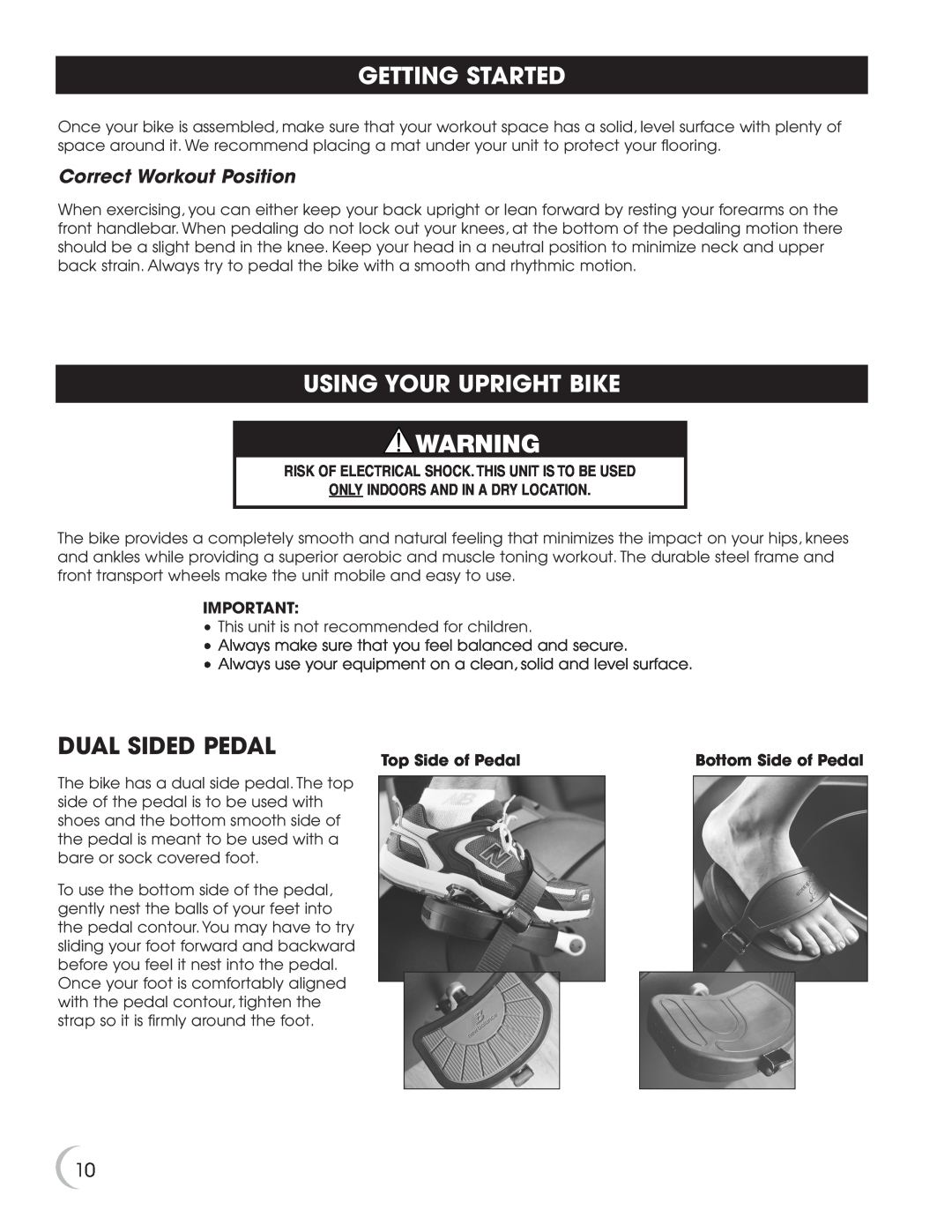 New Balance 5K 5100 owner manual Getting Started, Using Your Upright Bike, Dual Sided Pedal, Correct Workout Position 