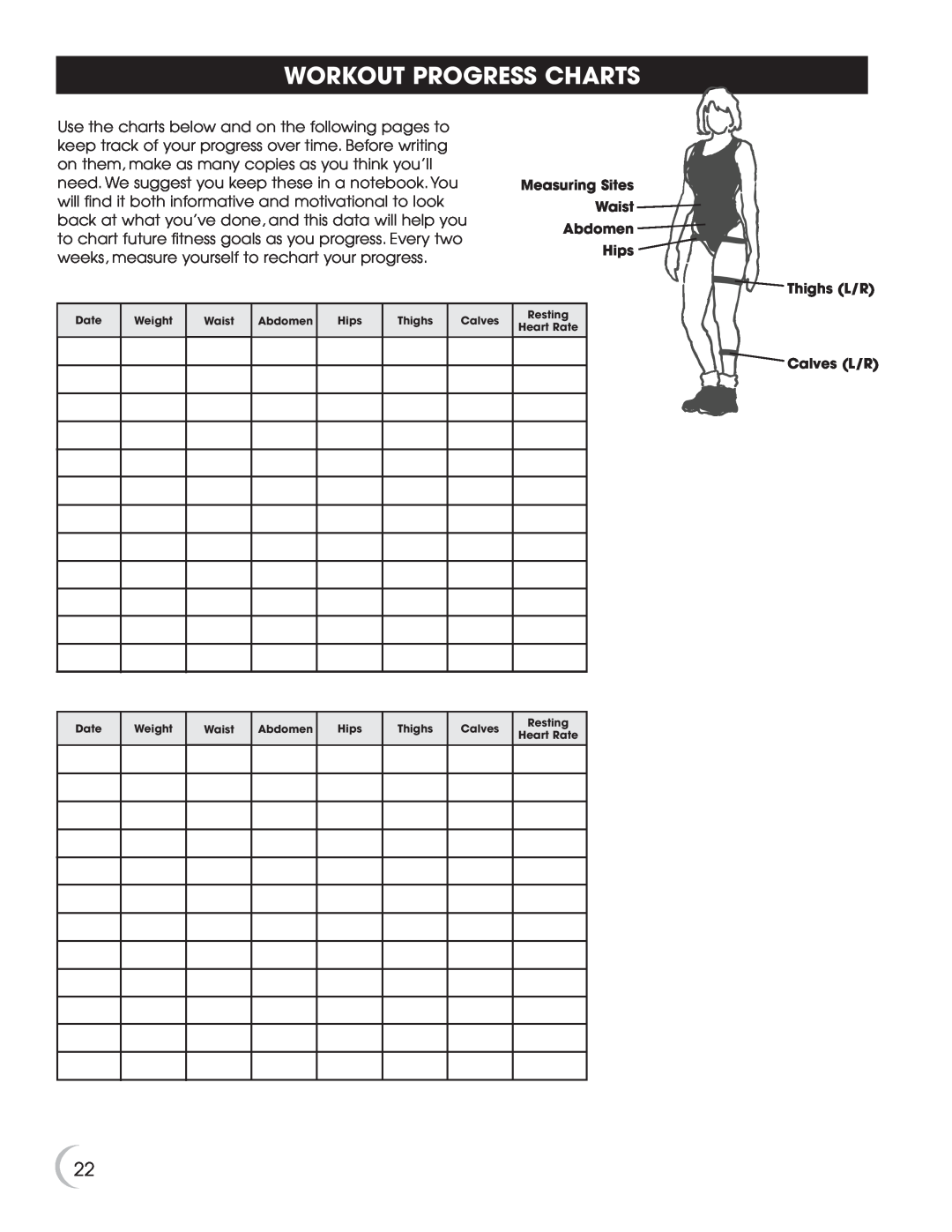 New Balance 5K 5100 owner manual Workout Progress Charts, Measuring Sites Waist Abdomen Hips, Thighs L/R, Calves L/R 