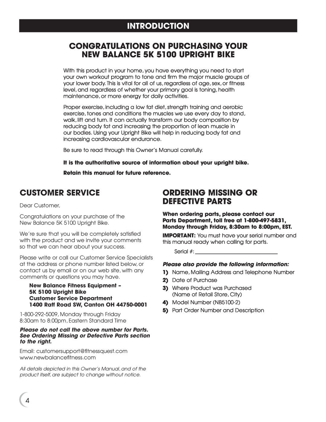 New Balance Introduction, CONGRATULATIONS ON PURCHASING YOUR NEW BALANCE 5K 5100 UPRIGHT BIKE, Customer Service 