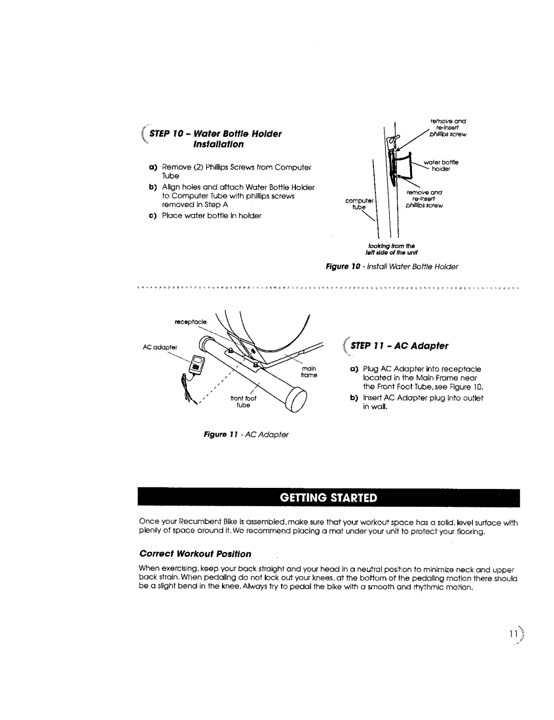 New Balance 5K owner manual Water Battle Holder Installation, AC Adapter, Correct Workout Position, Compute tube 