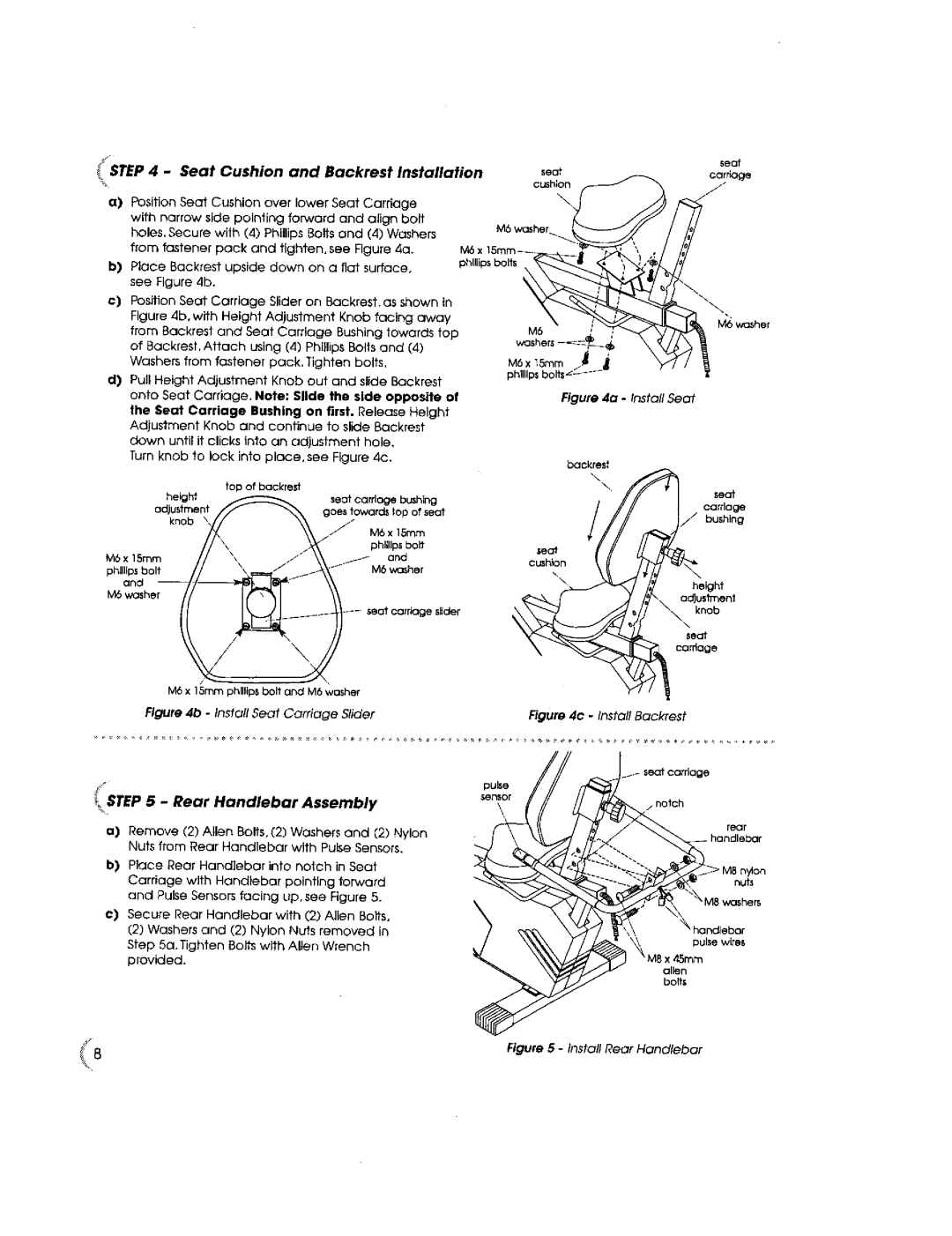 New Balance 5K owner manual Seat Cushion and Backrest Installation, Rear Handlebar Assembly, Iv x 15turn, Carriage 