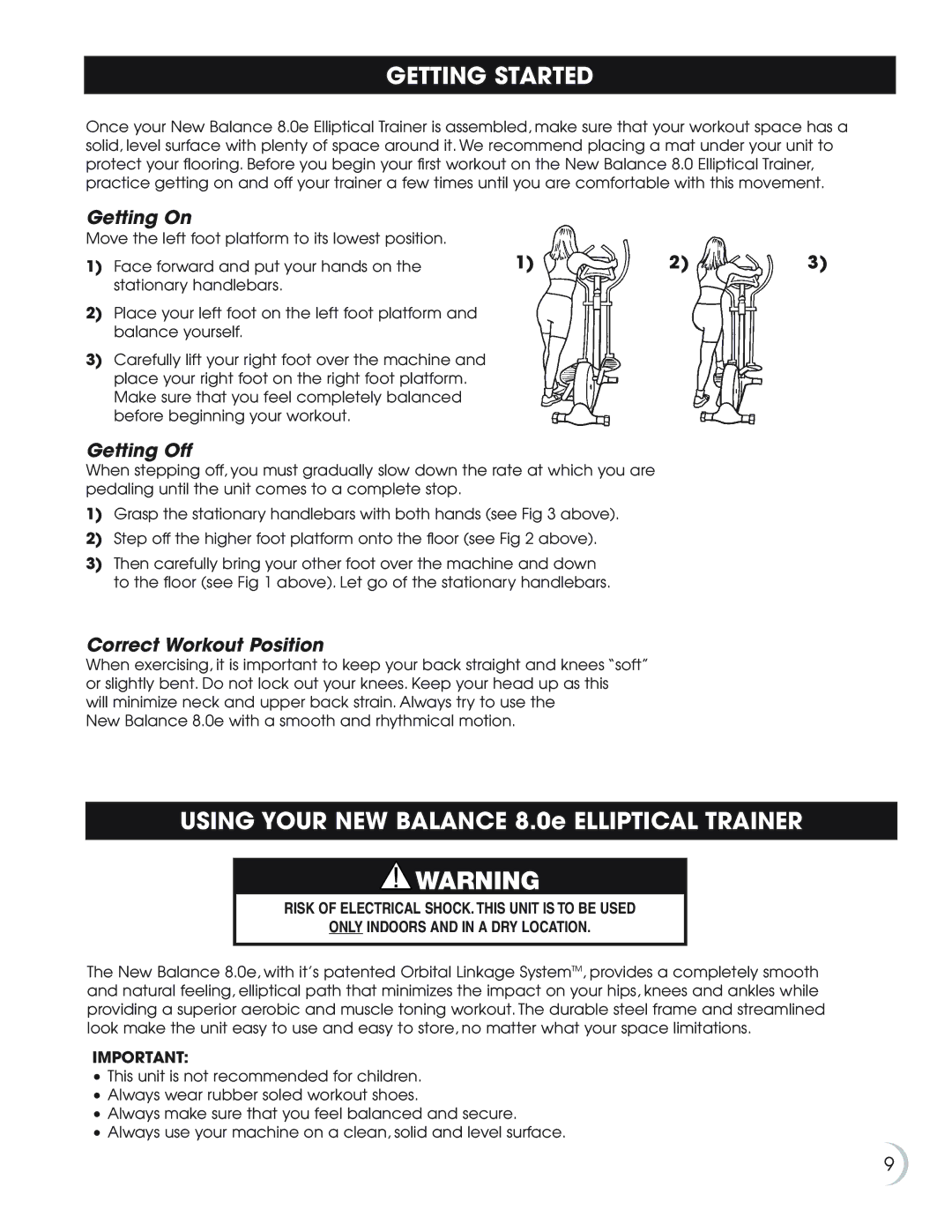 New Balance 8.0e owner manual Getting Started, Getting On, Getting Off, Correct Workout Position 