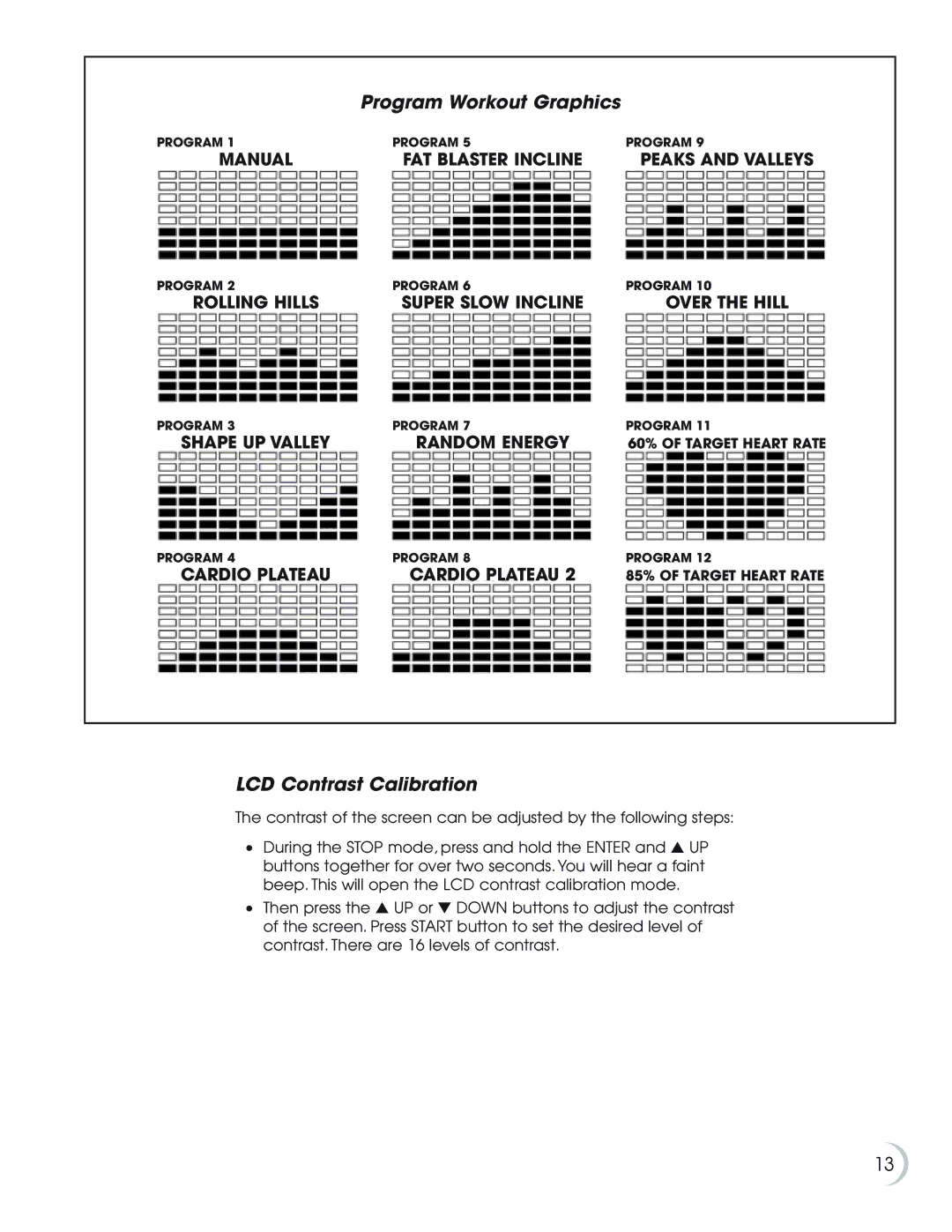 New Balance 8.0e owner manual Program Workout Graphics, LCD Contrast Calibration 