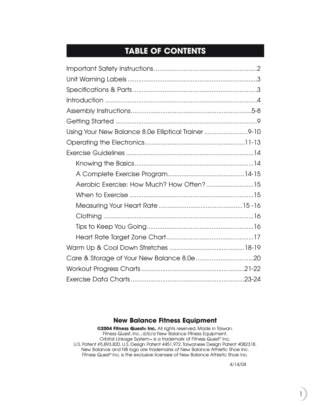 New Balance 8.0e owner manual Table of Contents 