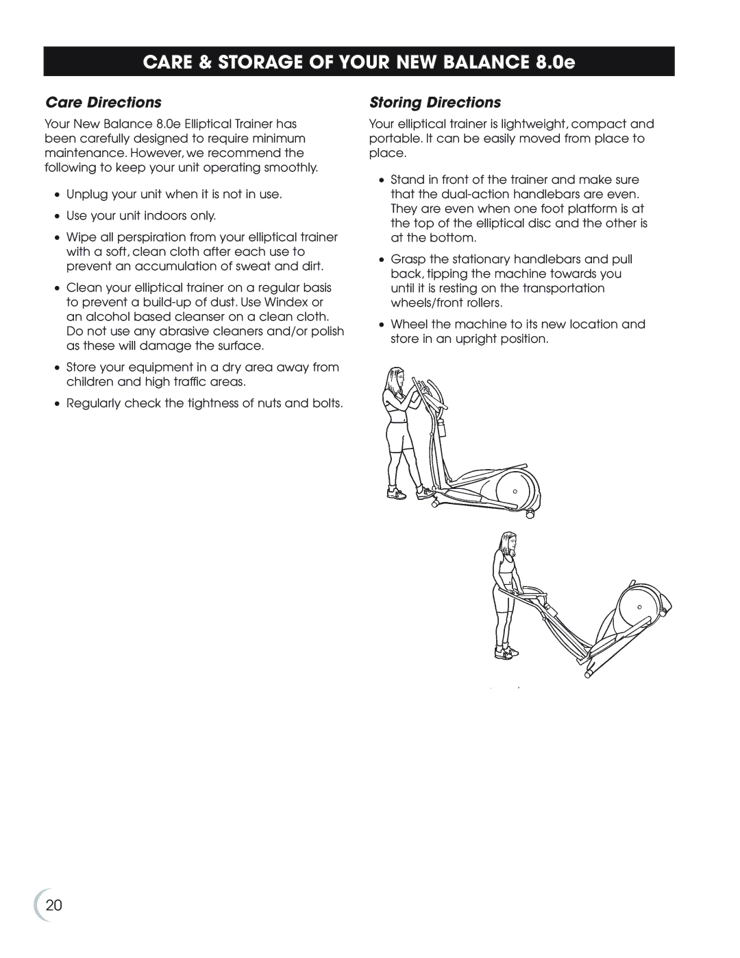 New Balance 8.0e owner manual Care Directions, Storing Directions 