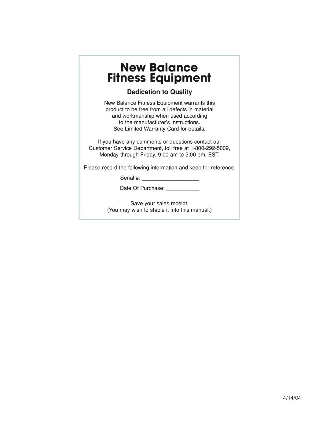 New Balance 8.0e owner manual New Balance Fitness Equipment 