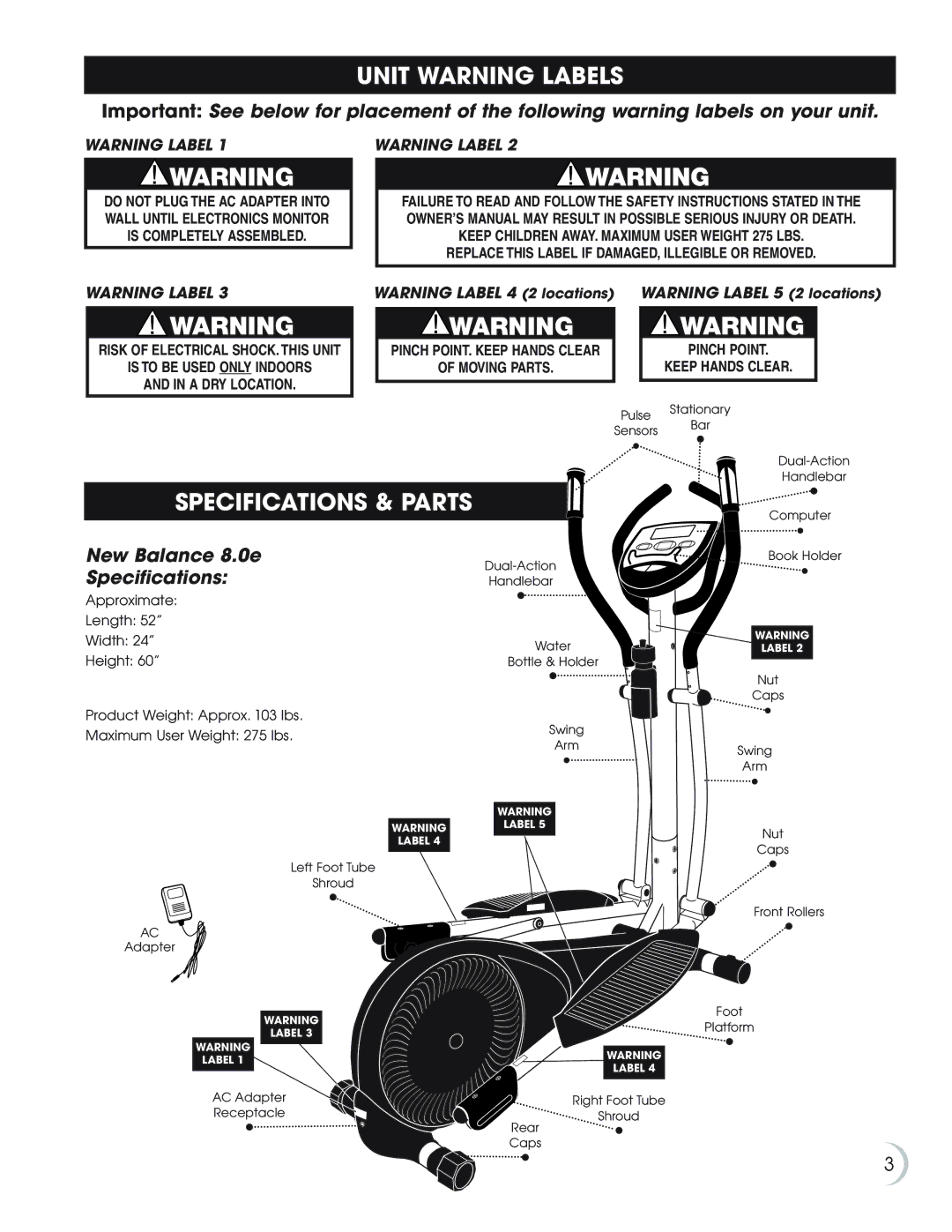 New Balance owner manual Unit Warning Labels, Specifications & Parts, New Balance 8.0e Specifications 