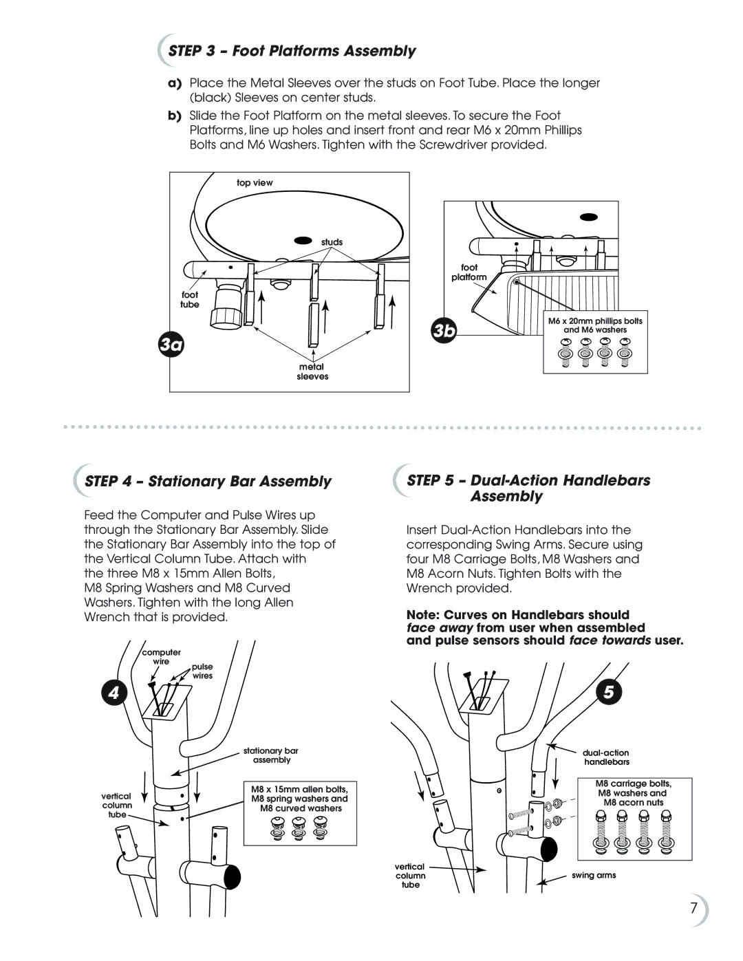 New Balance 8.0e owner manual Foot Platforms Assembly, Stationary Bar Assembly, Dual-Action Handlebars Assembly 