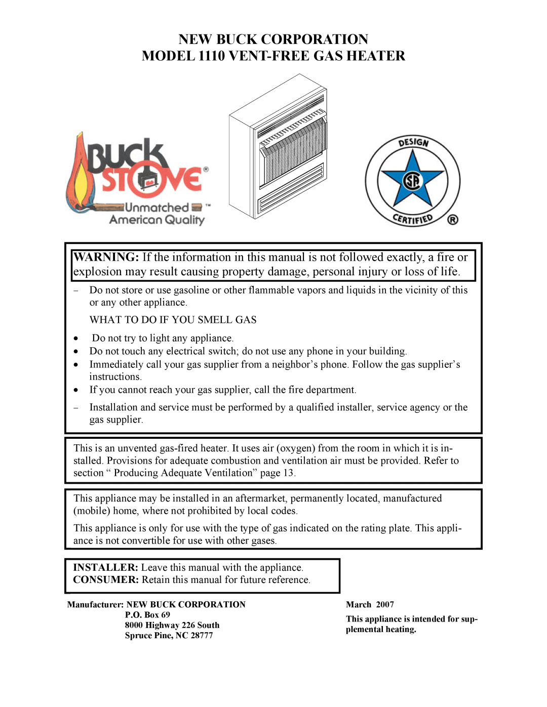New Buck Corporation manual New Buck Corporation, MODEL 1110 VENT-FREEGAS HEATER, Highway 226 South Spruce Pine, NC 
