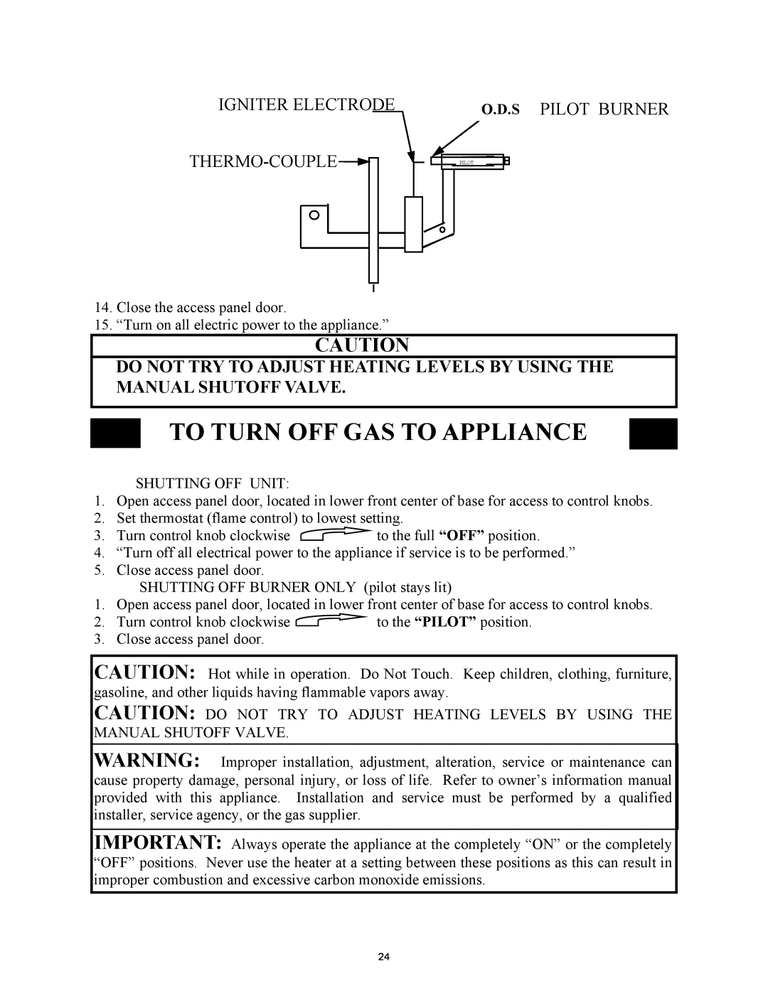New Buck Corporation 1110 manual To Turn Off Gas To Appliance, Igniter Electrode Thermo-Couple, O.D.S Pilot Burner 