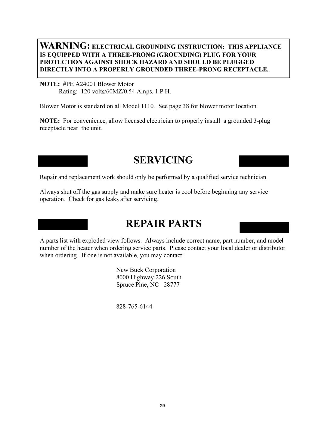 New Buck Corporation 1110 manual Servicing, Repair Parts 