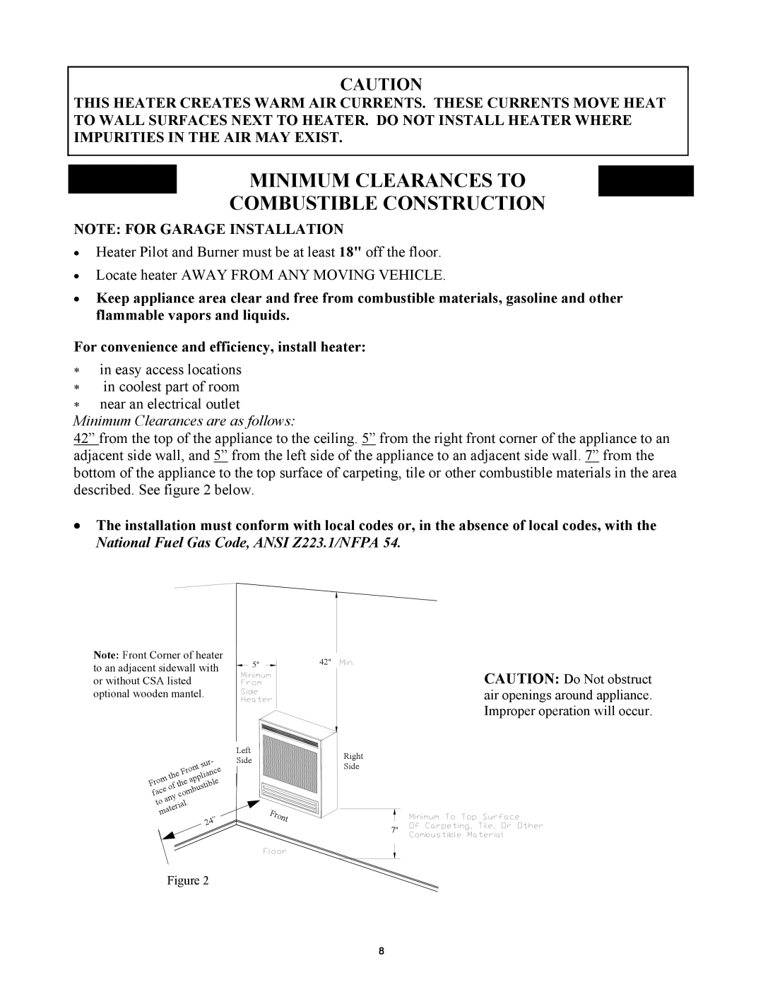 New Buck Corporation 1127B manual Minimum Clearances To Combustible Construction, Note For Garage Installation 