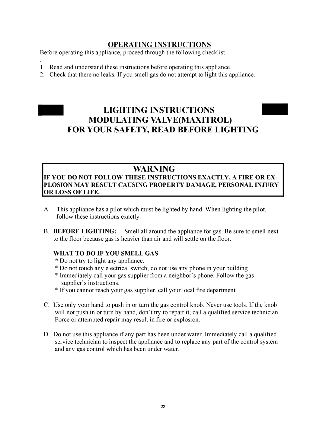 New Buck Corporation 1127B manual Lighting Instructions Modulating Valvemaxitrol, For Your Safety, Read Before Lighting 