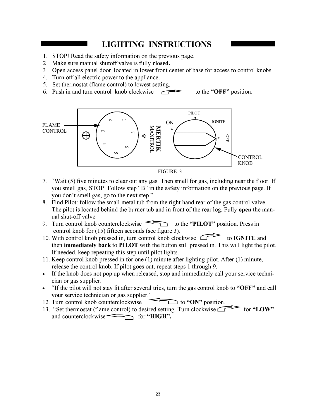 New Buck Corporation 1127B manual Lighting Instructions, to IGNITE and, for “LOW”, for “HIGH” 