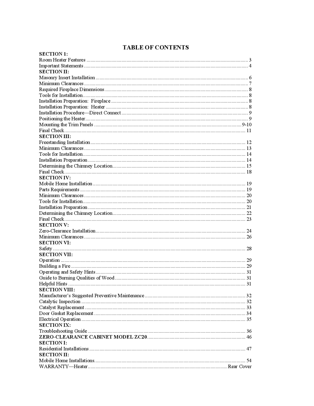 New Buck Corporation 20 Room Heater manual Table of Contents 