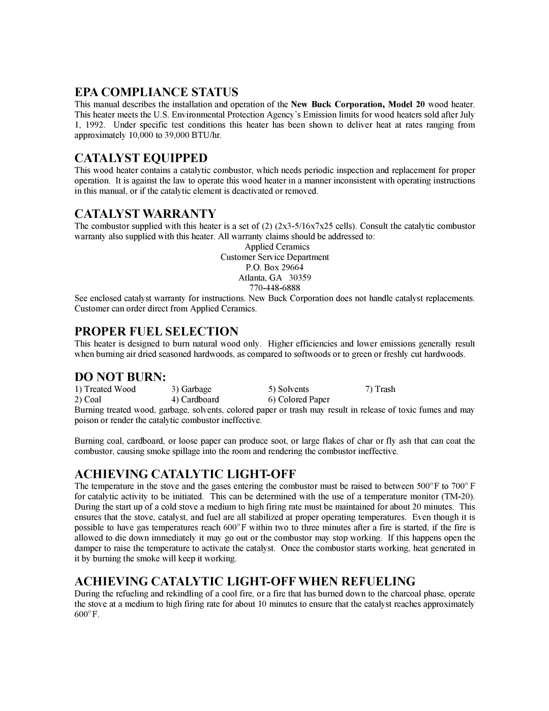 New Buck Corporation 20 Room Heater EPA Compliance Status, Catalyst Equipped, Catalyst Warranty, Proper Fuel Selection 