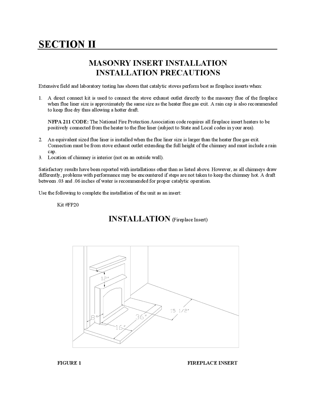 New Buck Corporation 20 Room Heater manual Masonry Insert Installation Installation Precautions, Fireplace Insert 