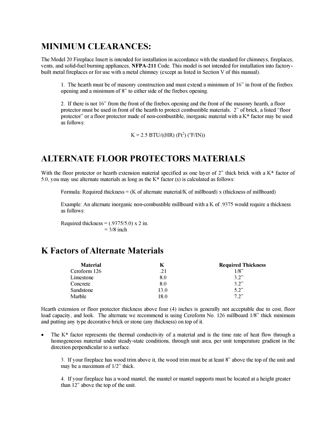 New Buck Corporation 20 Room Heater Minimum Clearances, Alternate Floor Protectors Materials, Material Required Thickness 