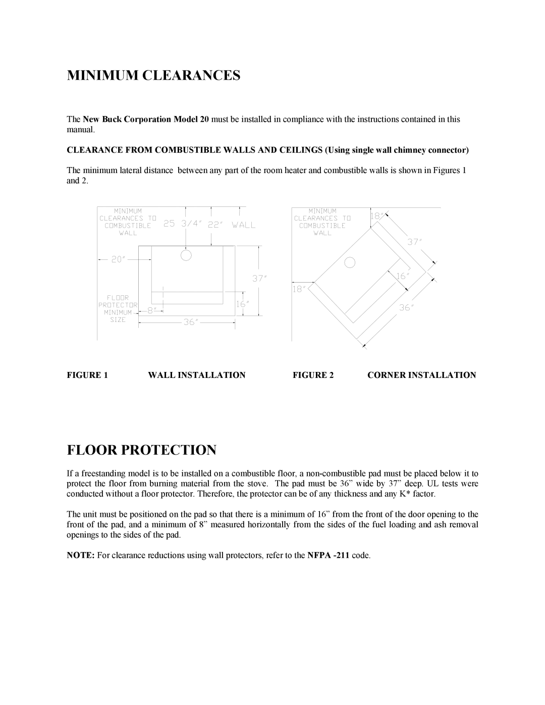 New Buck Corporation 20 Room Heater manual Floor Protection, Wall Installation, Corner Installation, Minimum Clearances 
