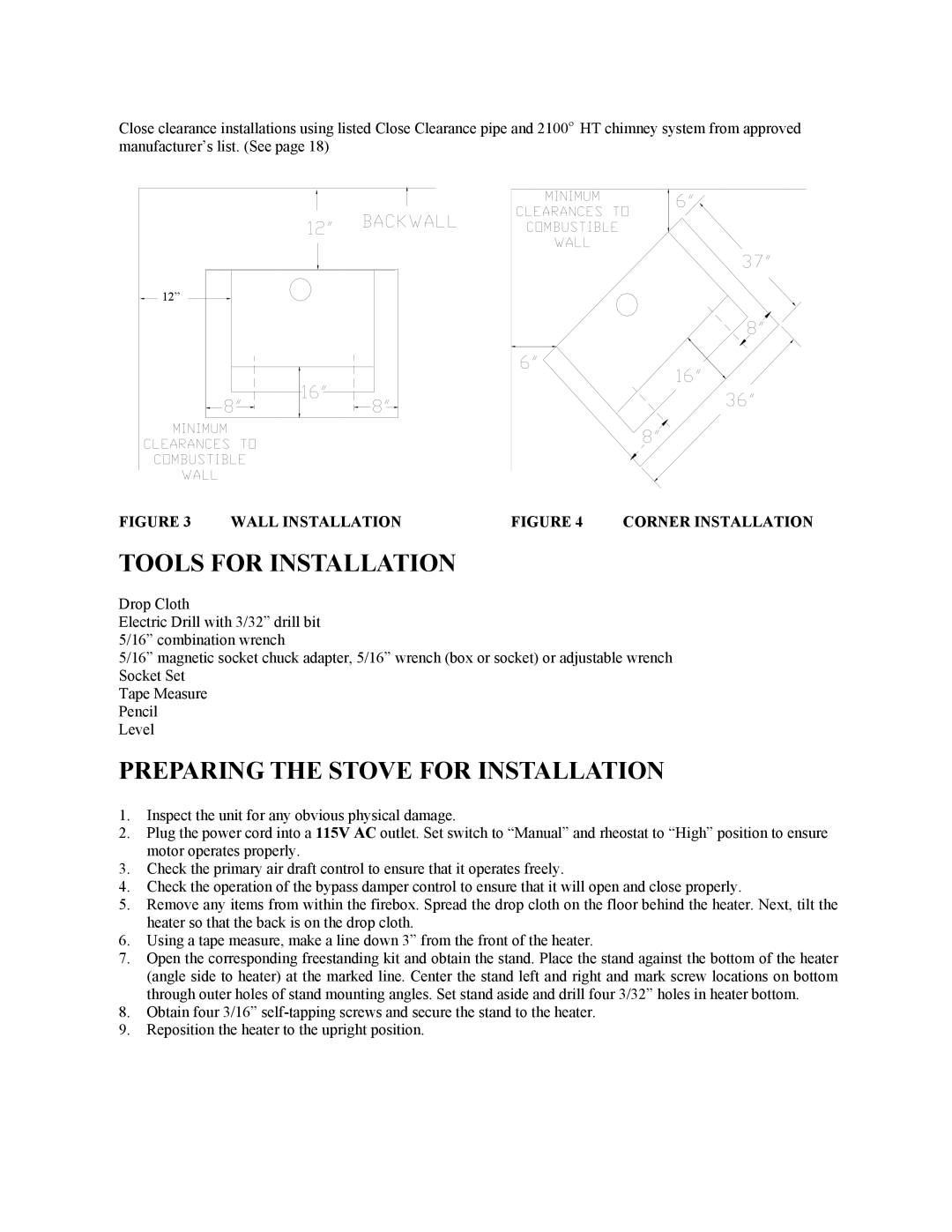 New Buck Corporation 20 Room Heater manual Tools For Installation, Preparing The Stove For Installation, Wall Installation 