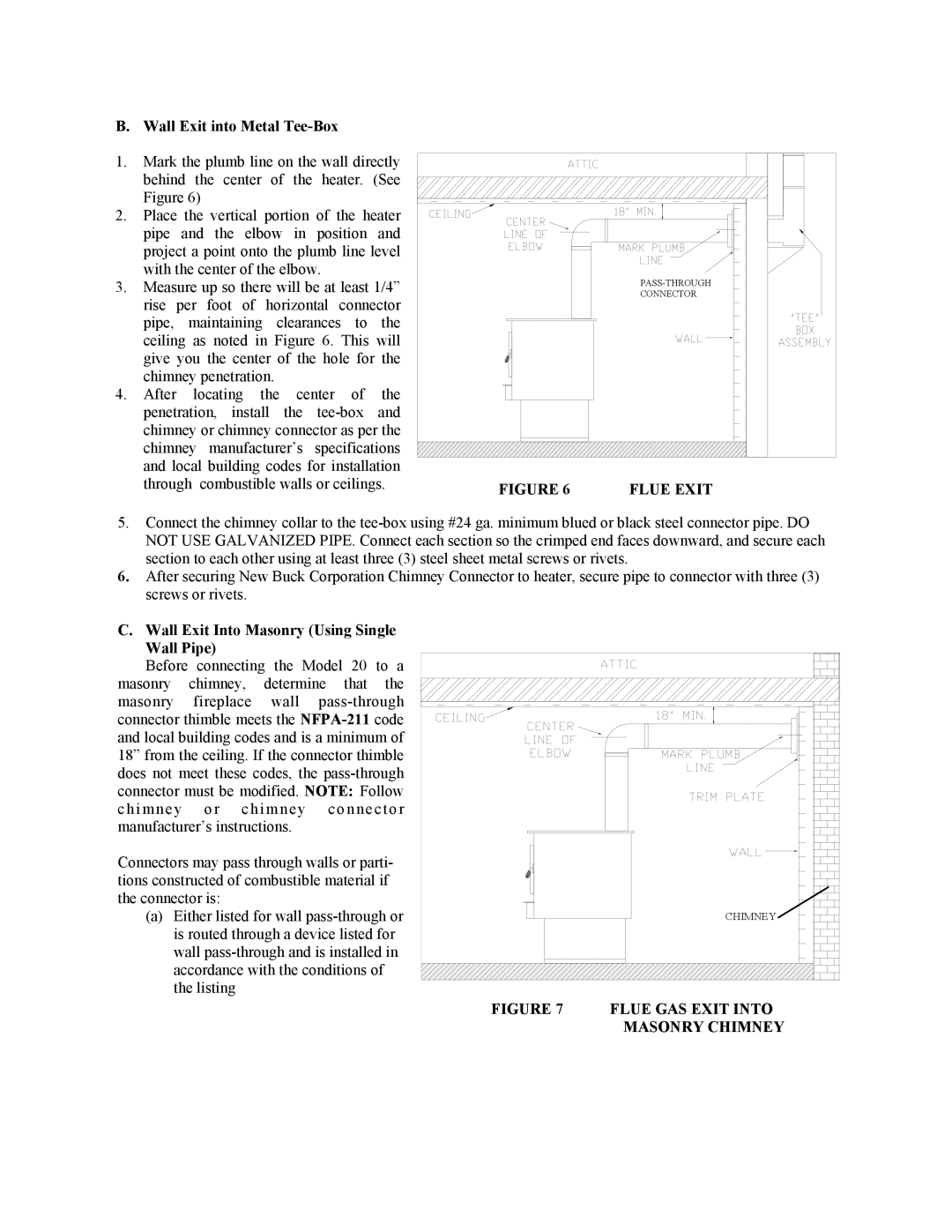 New Buck Corporation 20 Room Heater manual B. Wall Exit into Metal Tee-Box, Flue Exit, Flue Gas Exit Into Masonry Chimney 