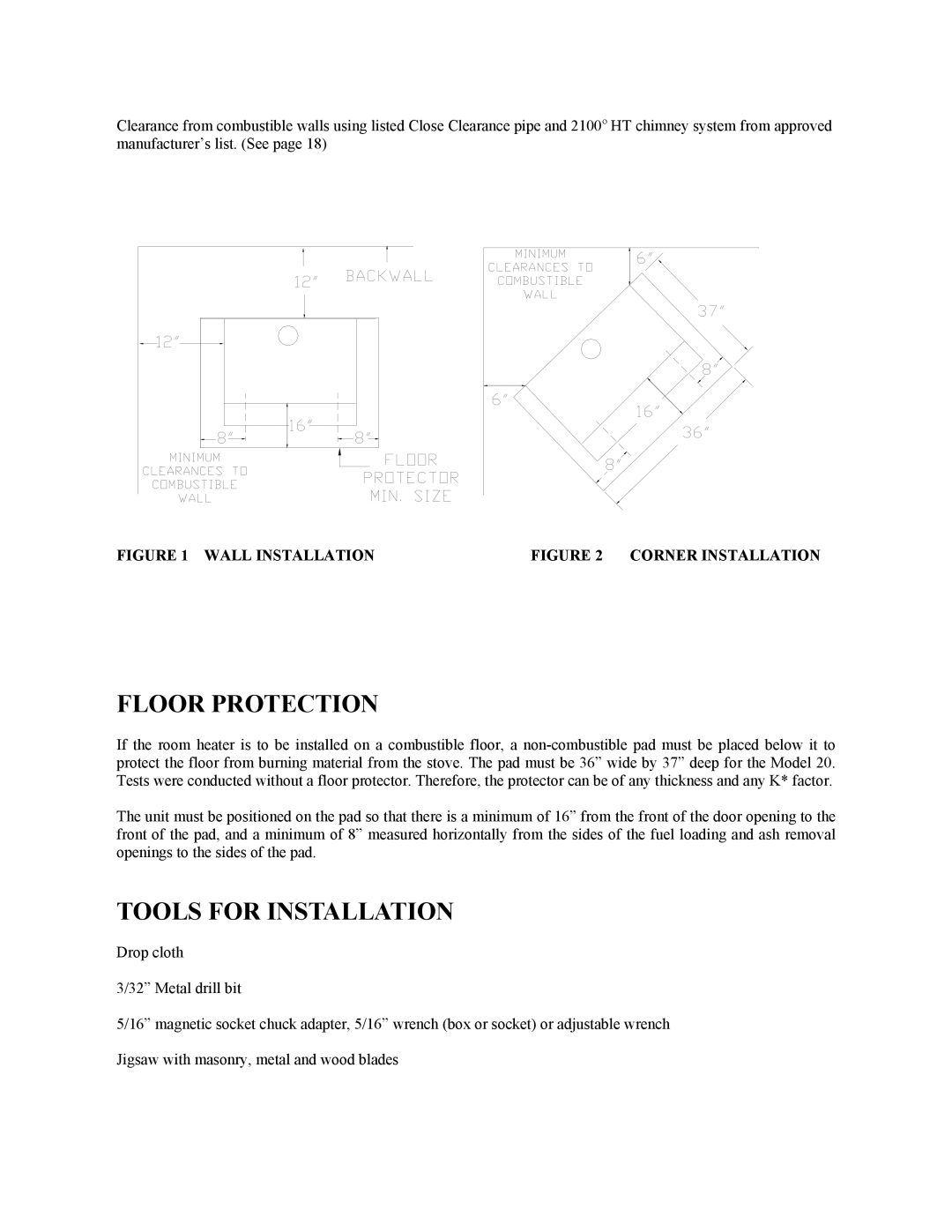 New Buck Corporation 20 Room Heater manual Wall Installation, Corner Installation, Floor Protection, Tools For Installation 