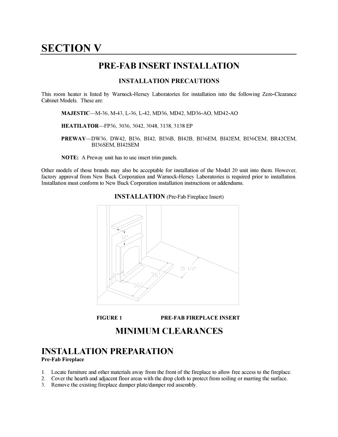 New Buck Corporation 20 Room Heater manual Pre-Fabinsert Installation, Minimum Clearances Installation Preparation, Section 