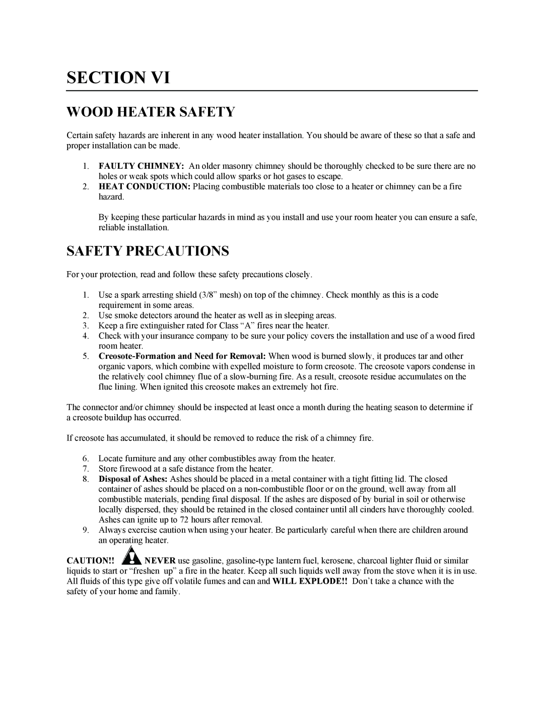 New Buck Corporation 20 Room Heater manual Wood Heater Safety, Safety Precautions, Section 