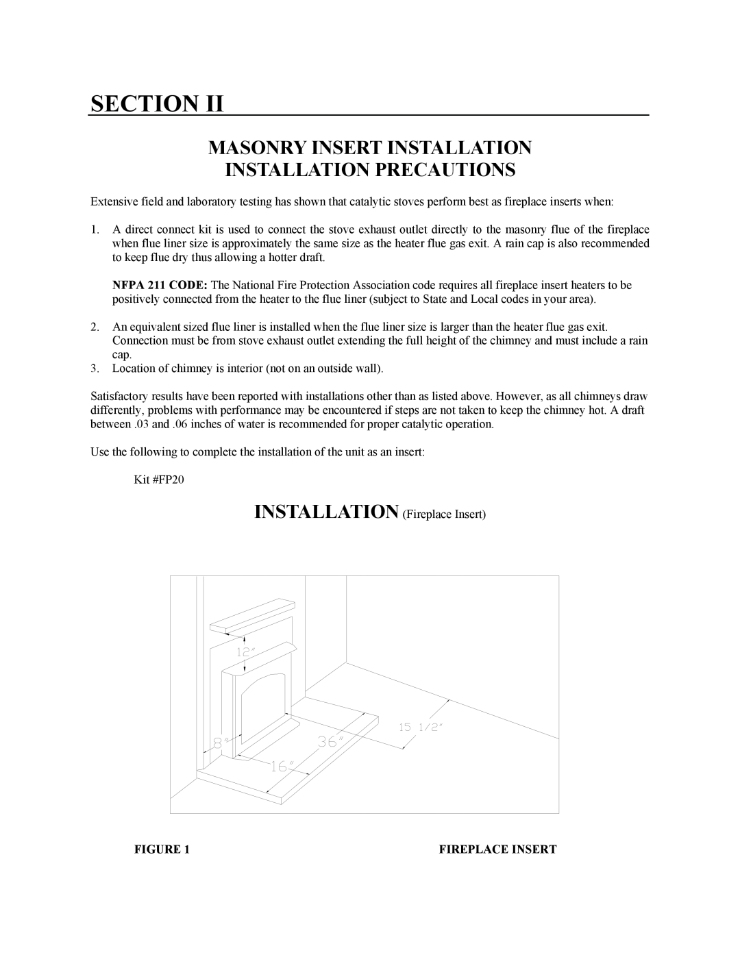 New Buck Corporation 20 Room Heater manual Masonry Insert Installation, Installation Precautions, Fireplace Insert, Section 