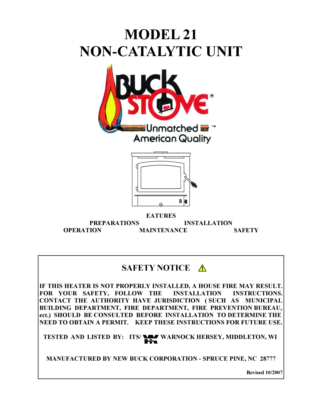 New Buck Corporation 21 installation instructions Model Non-Catalyticunit, Buck Stove 