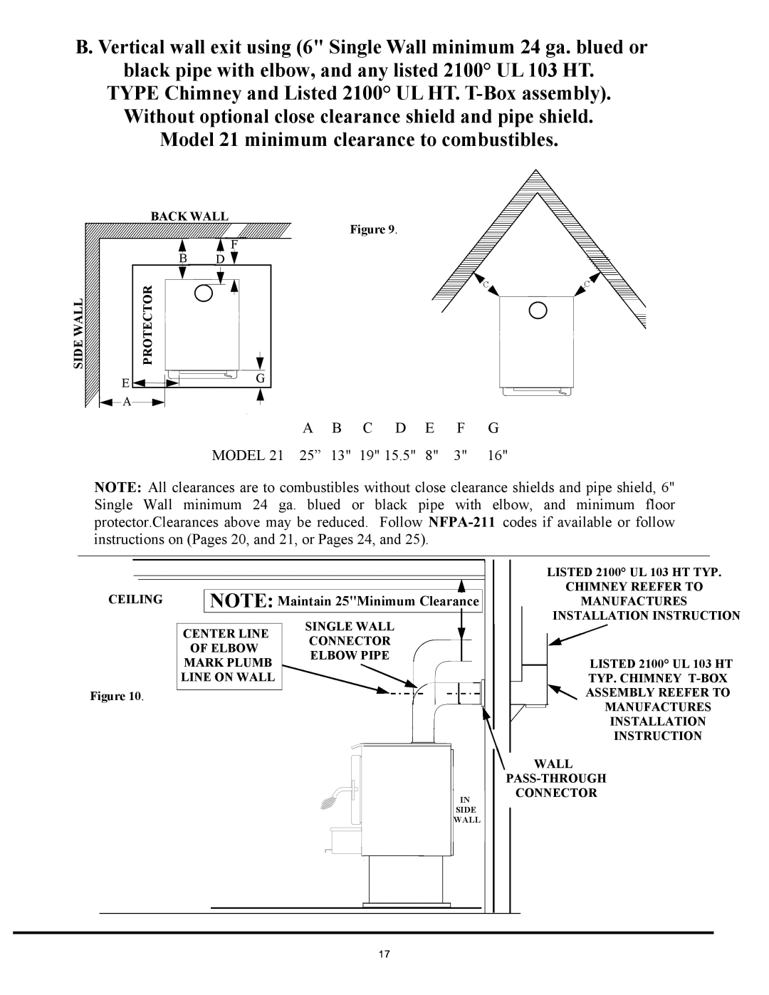 New Buck Corporation installation instructions Model 21 minimum clearance to combustibles 