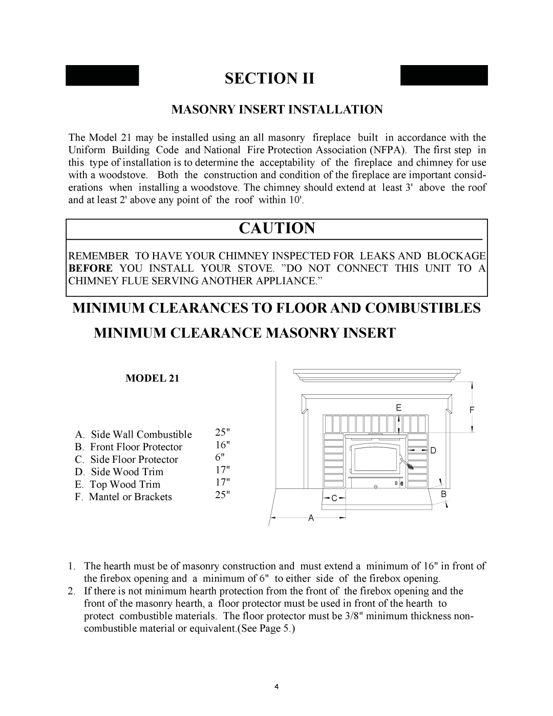 New Buck Corporation 21 installation instructions Masonry Insert Installation, Section, Model 