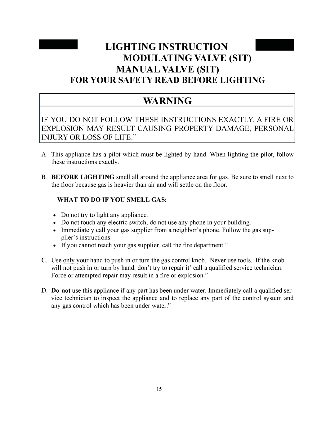 New Buck Corporation 34 Lighting Instruction Modulating Valve SIT Manual Valve SIT, For Your Safety Read Before Lighting 