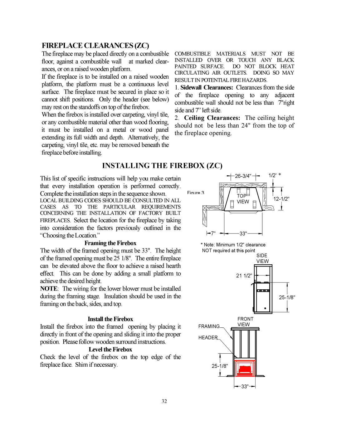 New Buck Corporation 34 manual Fireplace Clearances ZC, Installing the Firebox ZC 