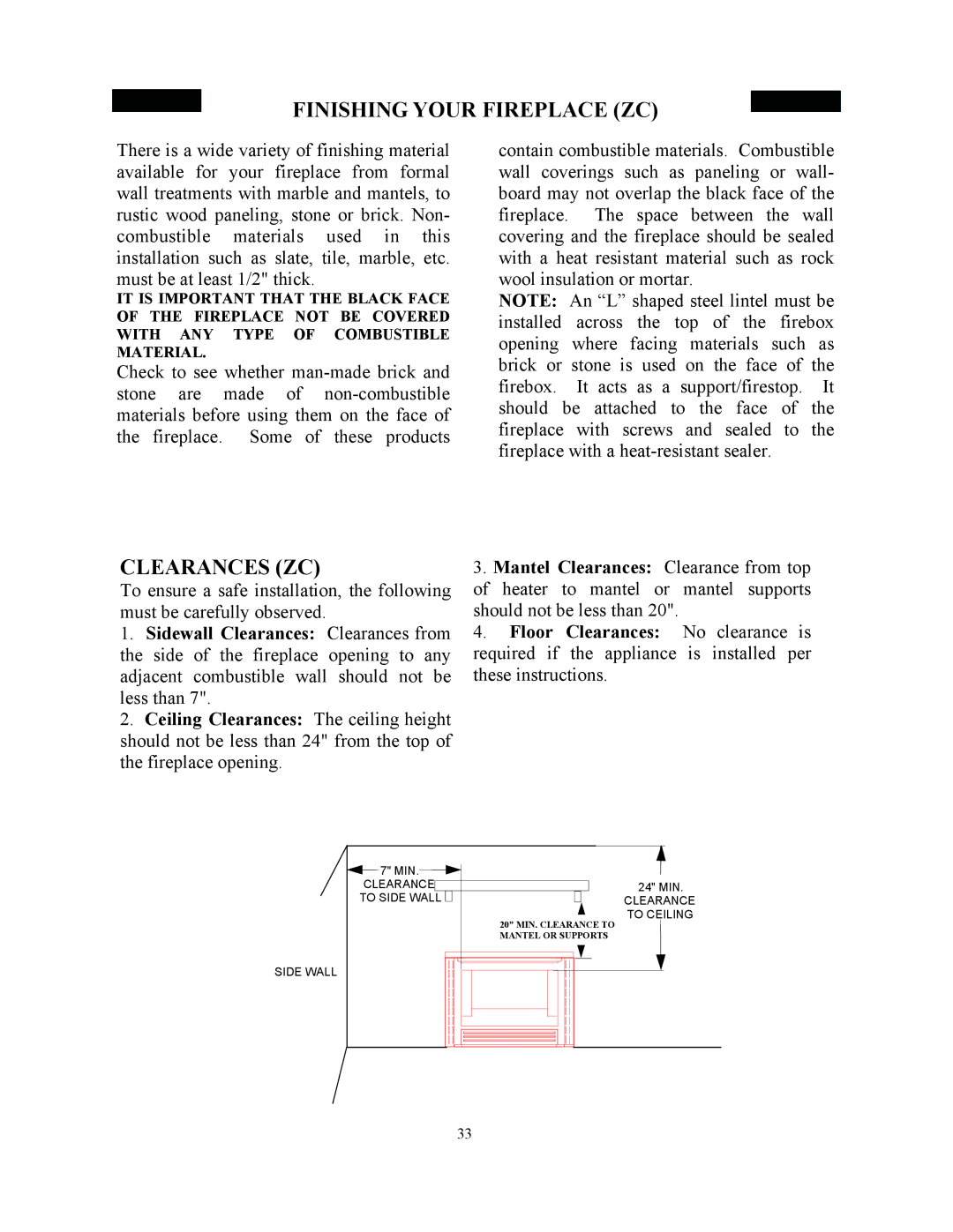 New Buck Corporation 34 manual Finishing Your Fireplace ZC, Clearances ZC 