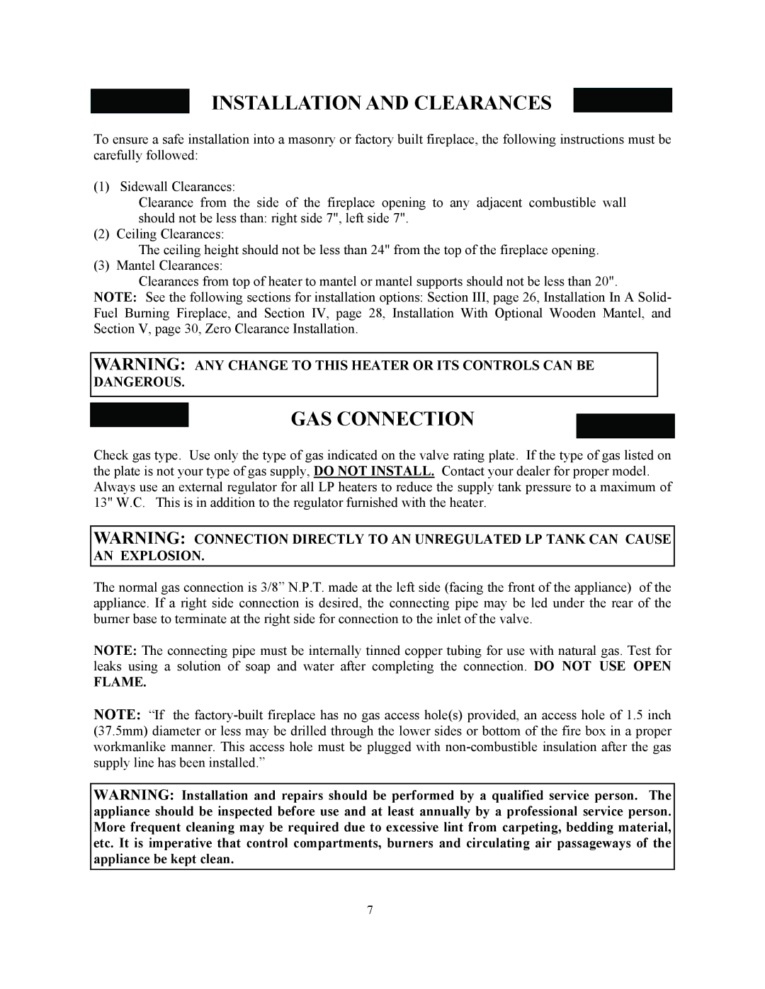 New Buck Corporation 34 manual Installation and Clearances, GAS Connection 