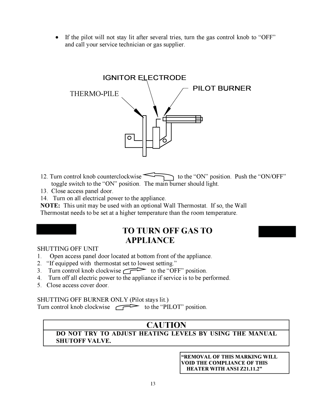 New Buck Corporation 34 manual To Turn Off Gas To Appliance, Ignitor Electrode, Pilot Burner 