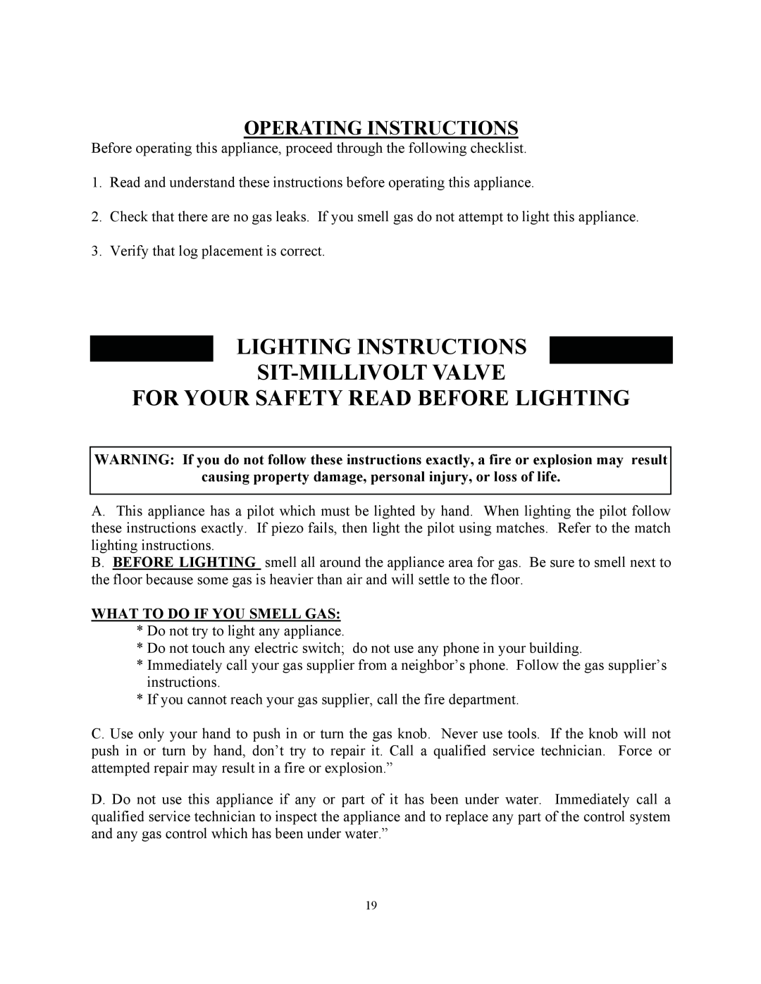 New Buck Corporation 34 manual Lighting Instructions Sit-Millivoltvalve, For Your Safety Read Before Lighting 