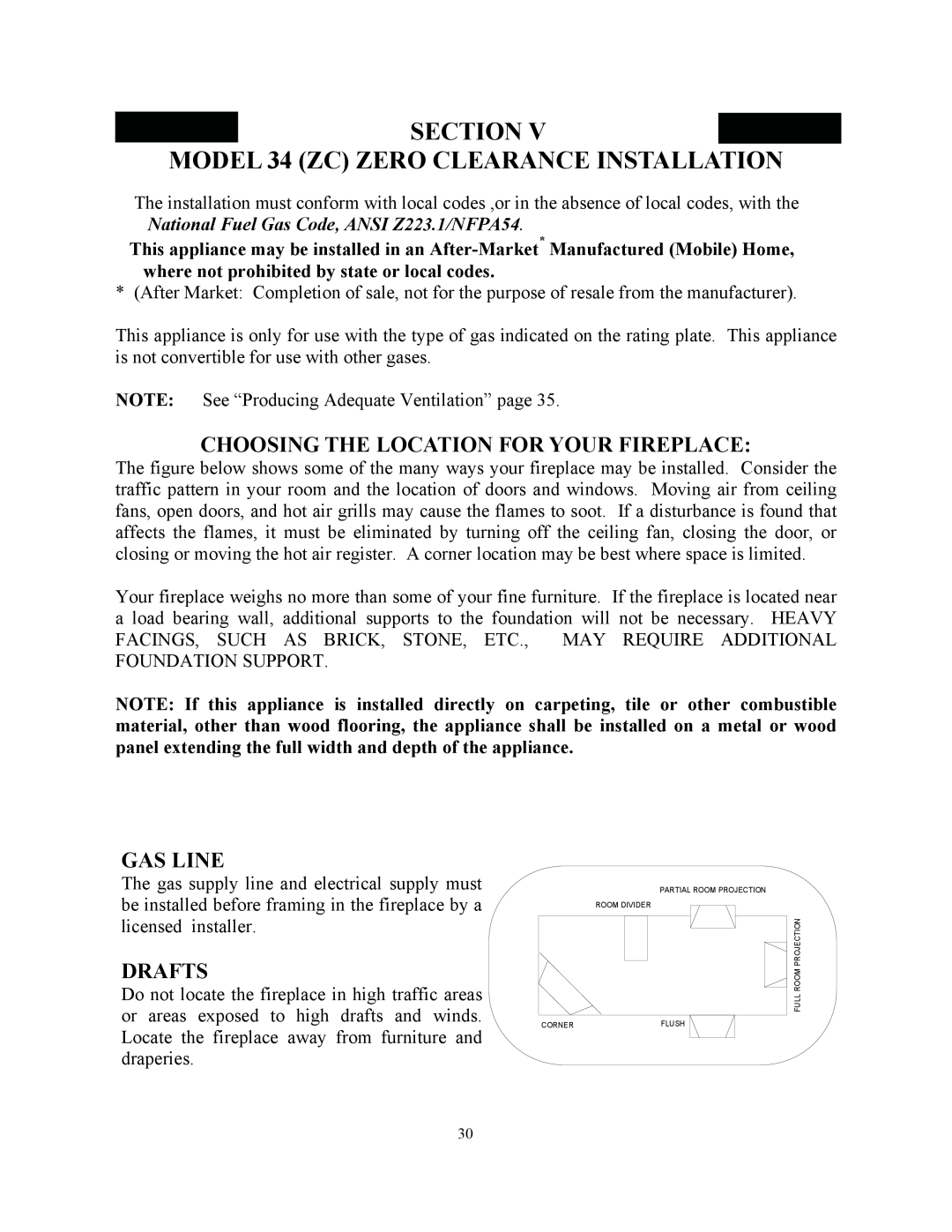 New Buck Corporation manual SECTION V MODEL 34 ZC ZERO CLEARANCE INSTALLATION, Choosing The Location For Your Fireplace 