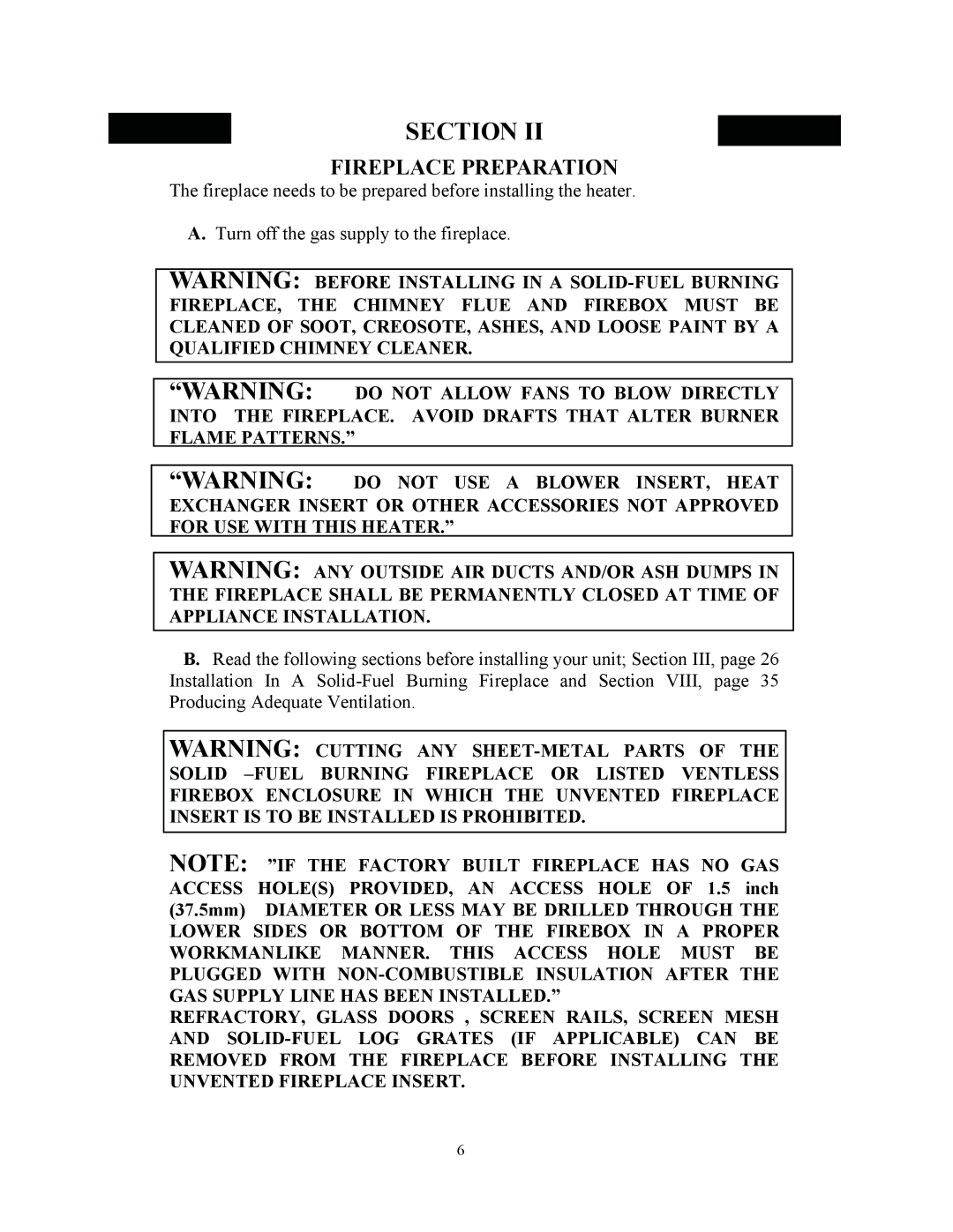 New Buck Corporation 34 manual Section, Fireplace Preparation 