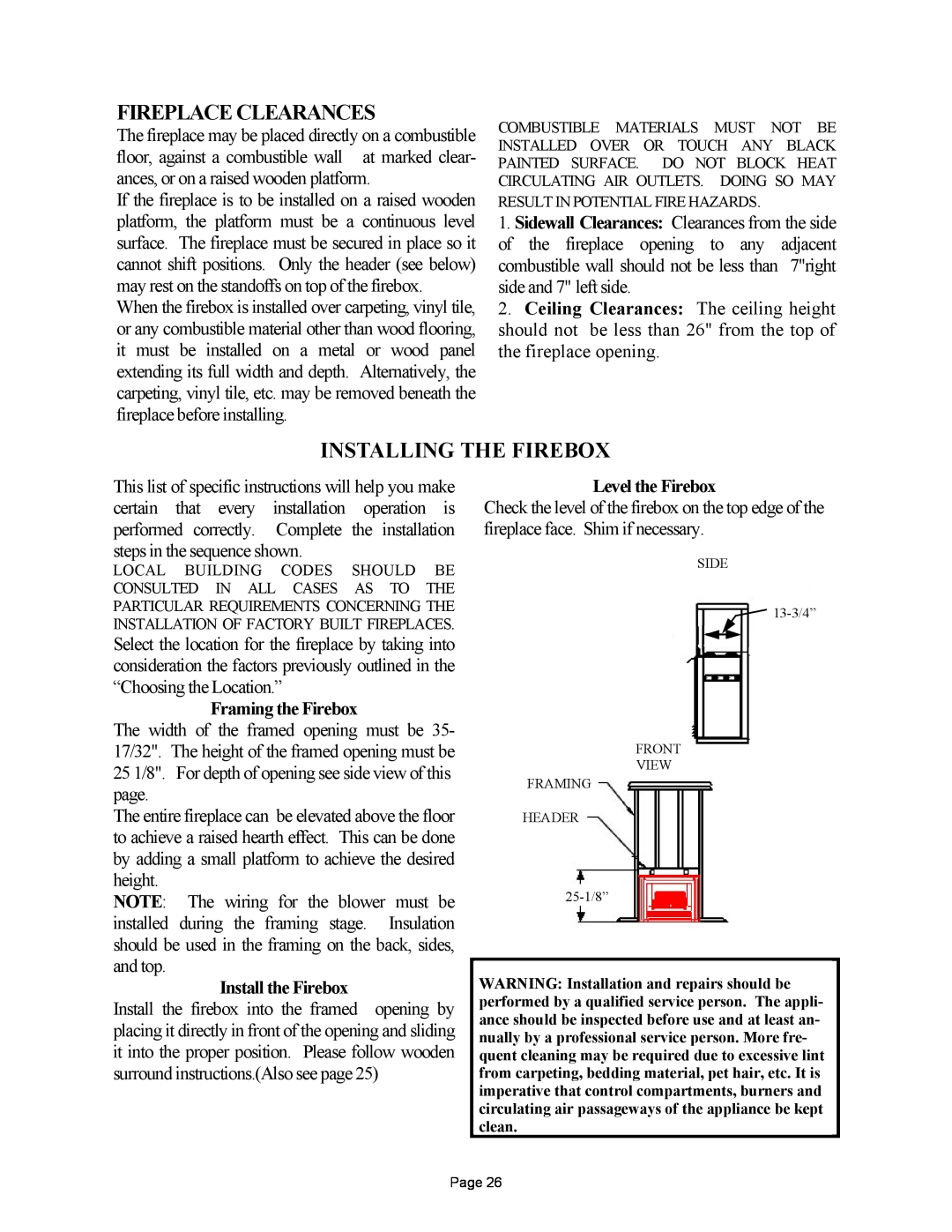 New Buck Corporation 384 manual Fireplace Clearances, Installing The Firebox, Framing the Firebox, Install the Firebox 