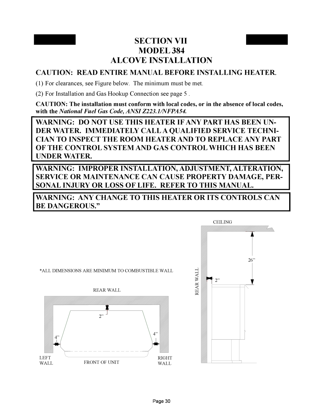 New Buck Corporation 384 manual Section Model Alcove Installation, Caution Read Entire Manual Before Installing Heater 