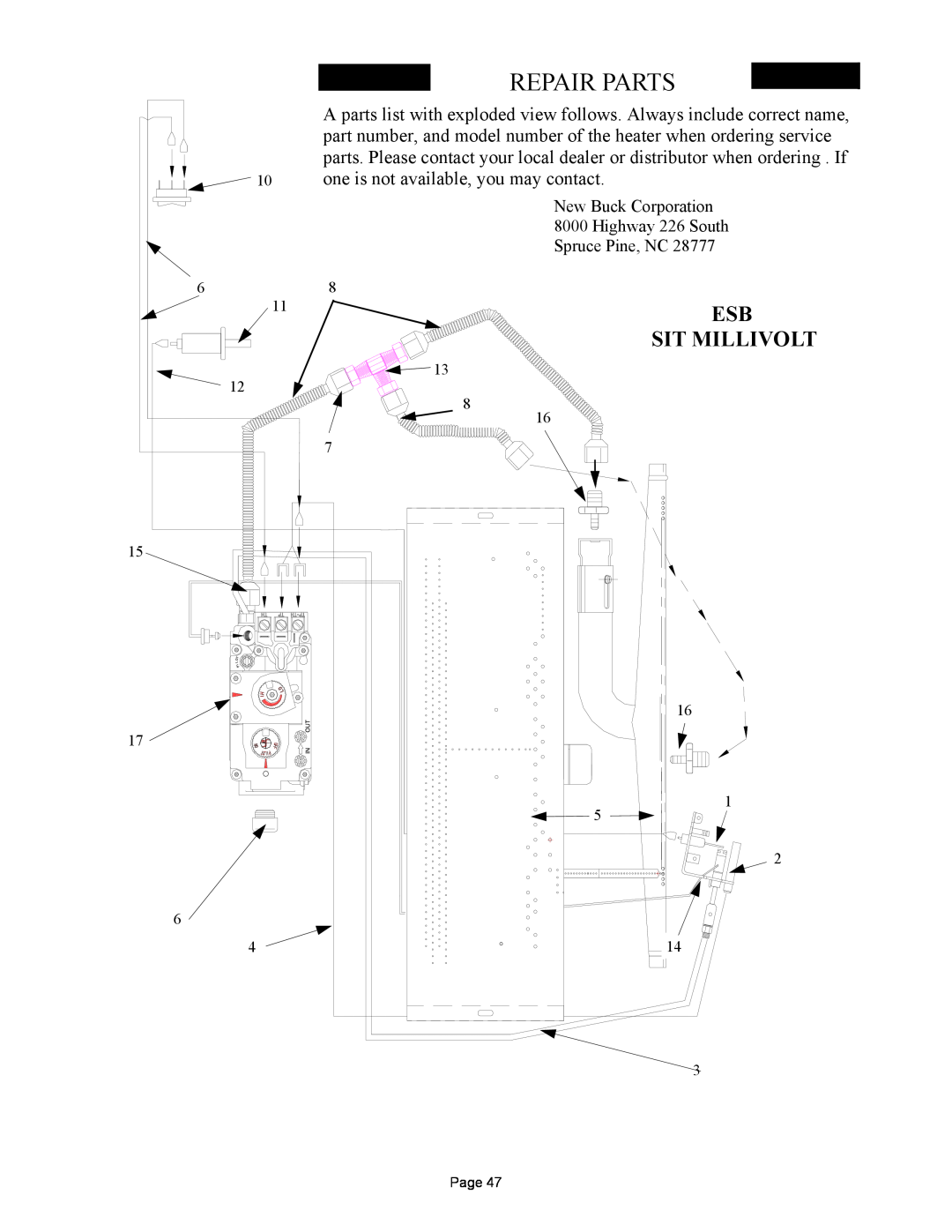 New Buck Corporation 384 manual Repair Parts, Sit Millivolt, one is not available, you may contact, Page 