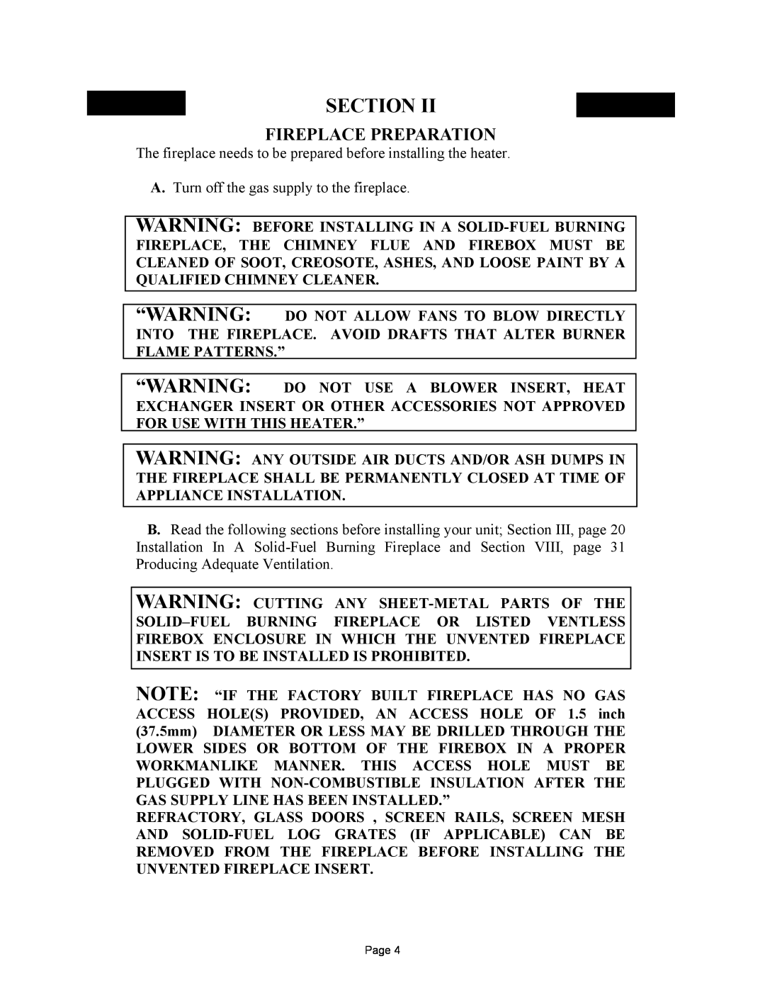 New Buck Corporation 384 manual Section, Fireplace Preparation 