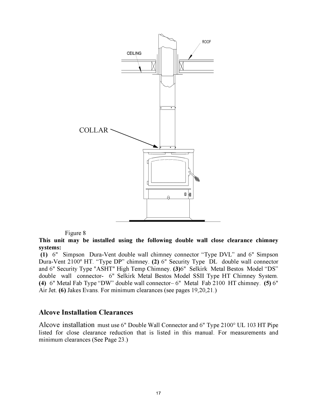 New Buck Corporation 74 installation instructions Collar, Alcove Installation Clearances 