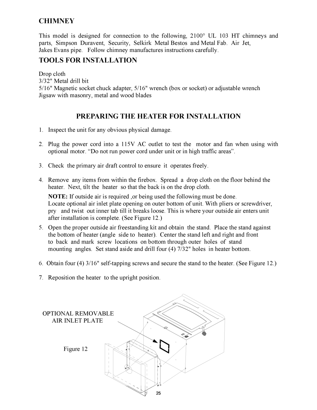 New Buck Corporation 74 installation instructions Chimney, Tools For Installation, Preparing The Heater For Installation 