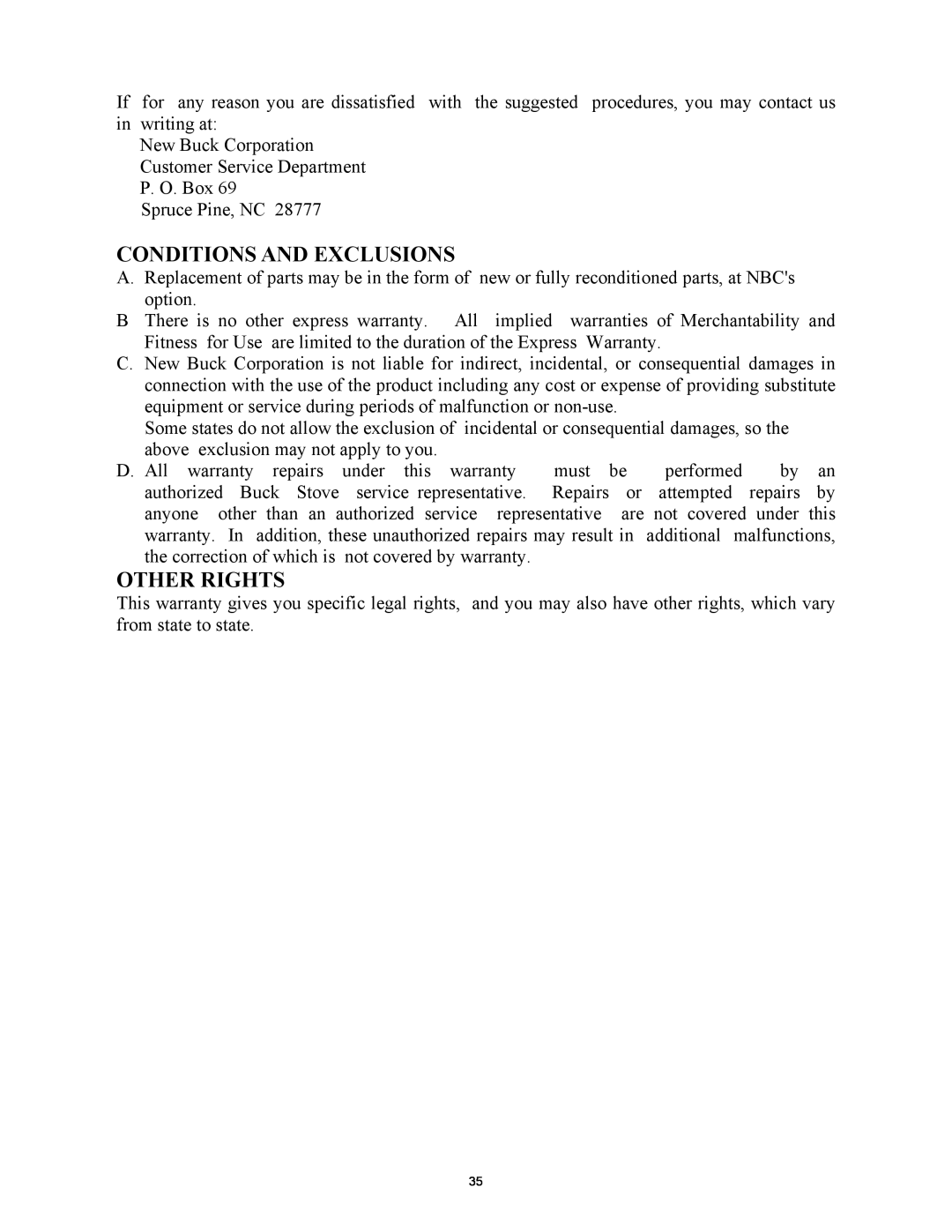 New Buck Corporation 74 installation instructions Conditions And Exclusions, Other Rights 