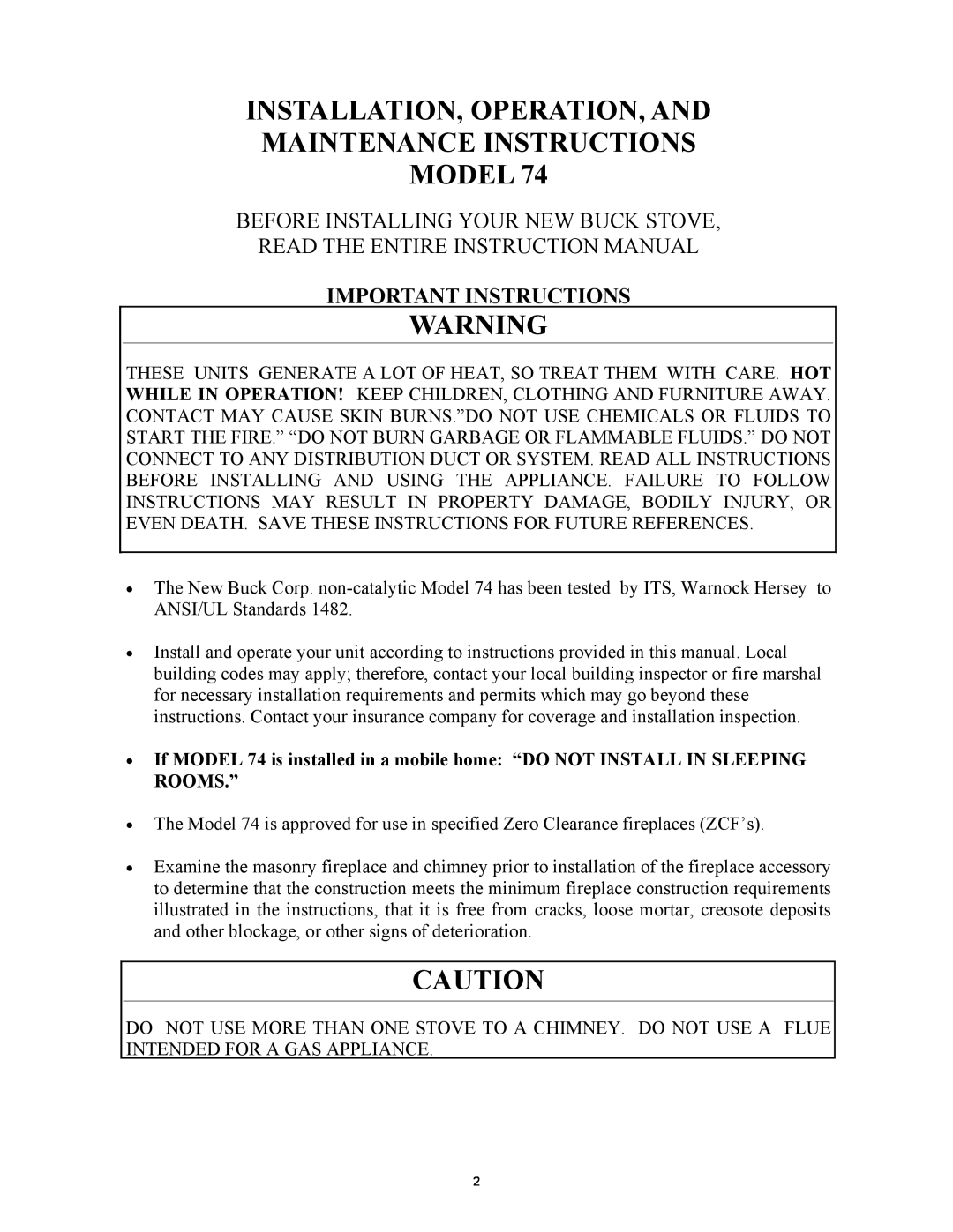 New Buck Corporation 74 Installation, Operation, And, Maintenance Instructions Model, Important Instructions 